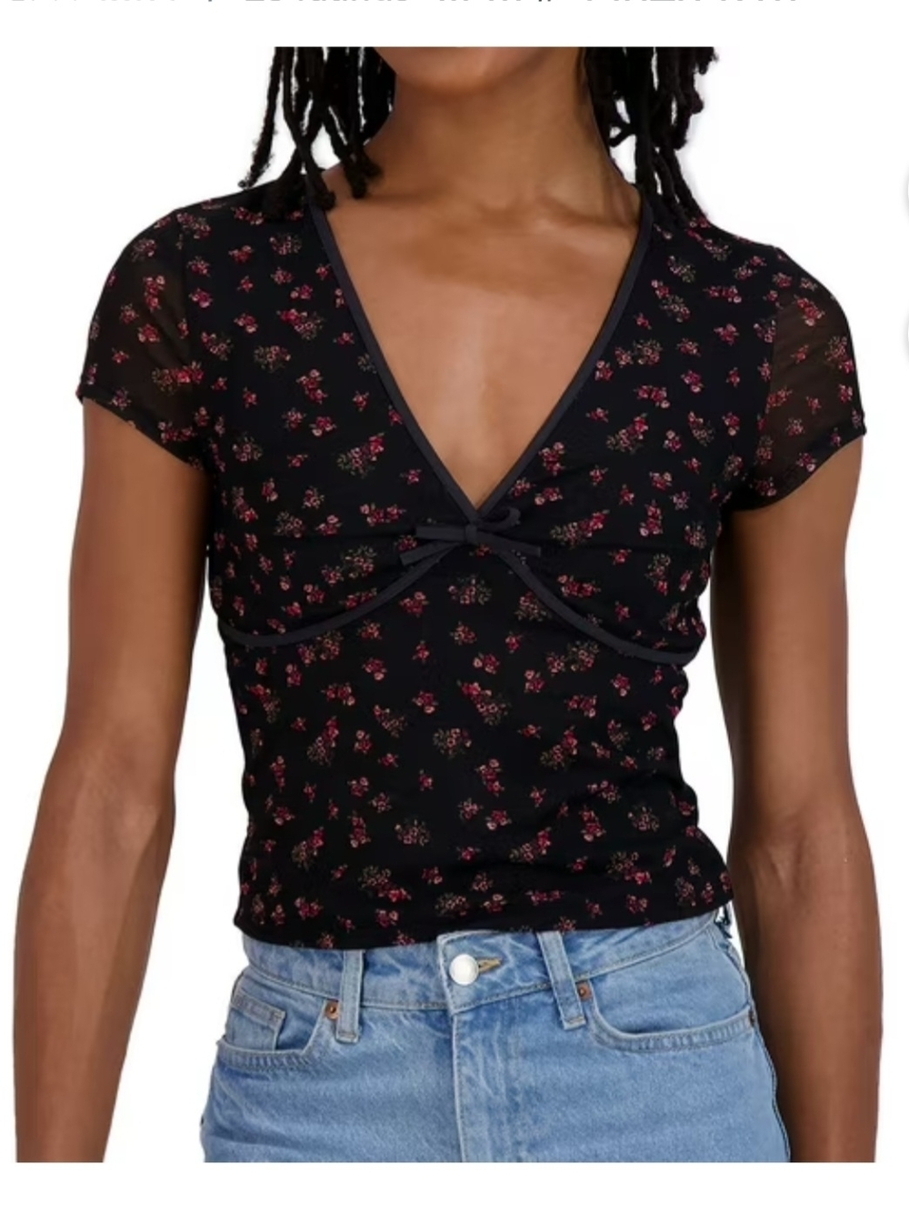 Aeropostale Black Floral Crop Top Mesh V-neck Medium